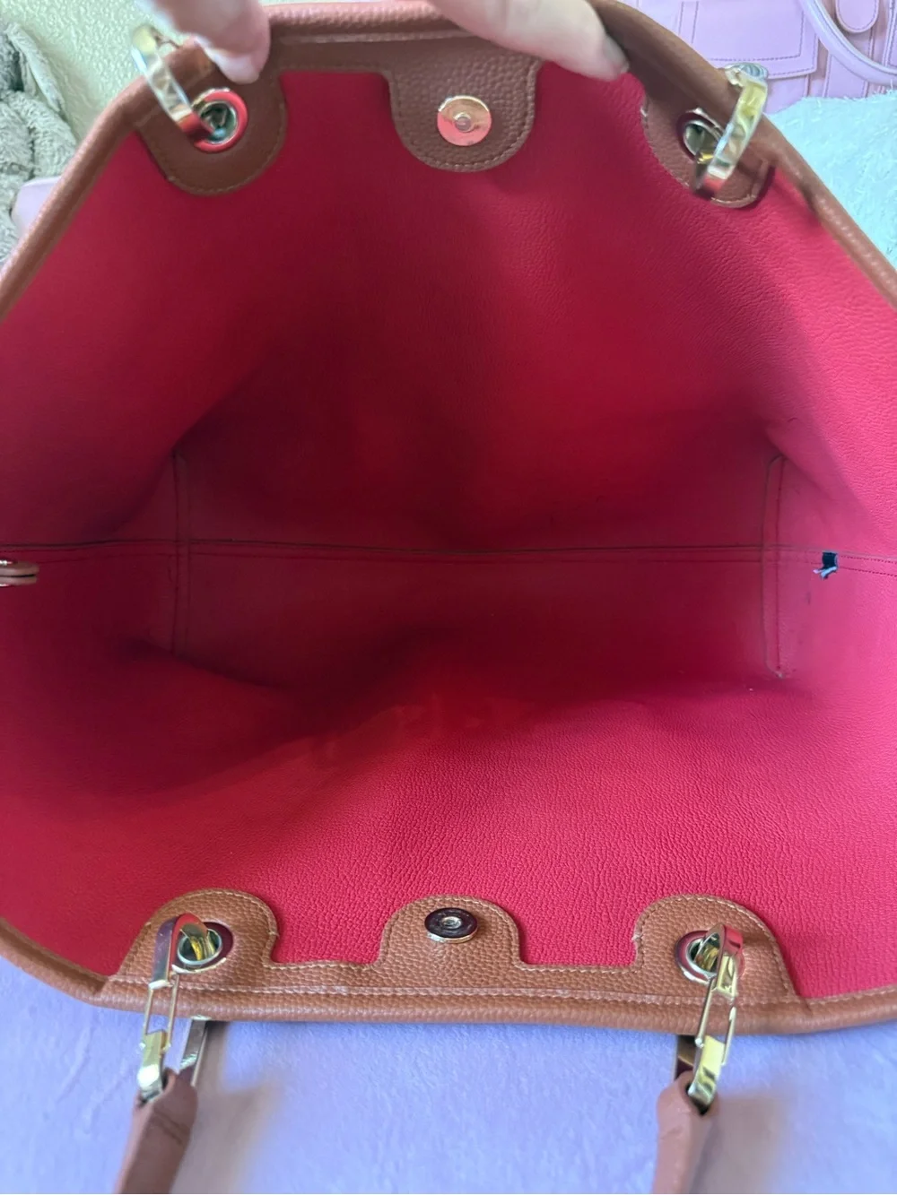 💯Auth! Emporio Armani Saddle Brown Leather Bag Tote Branded Strap Gold Hardware